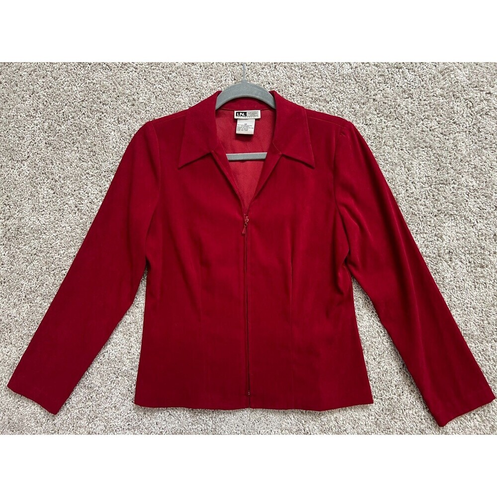 I.N. Studio Red Blouse Petite Women Zip Front Long Sleeve Career Office Top 6P”
